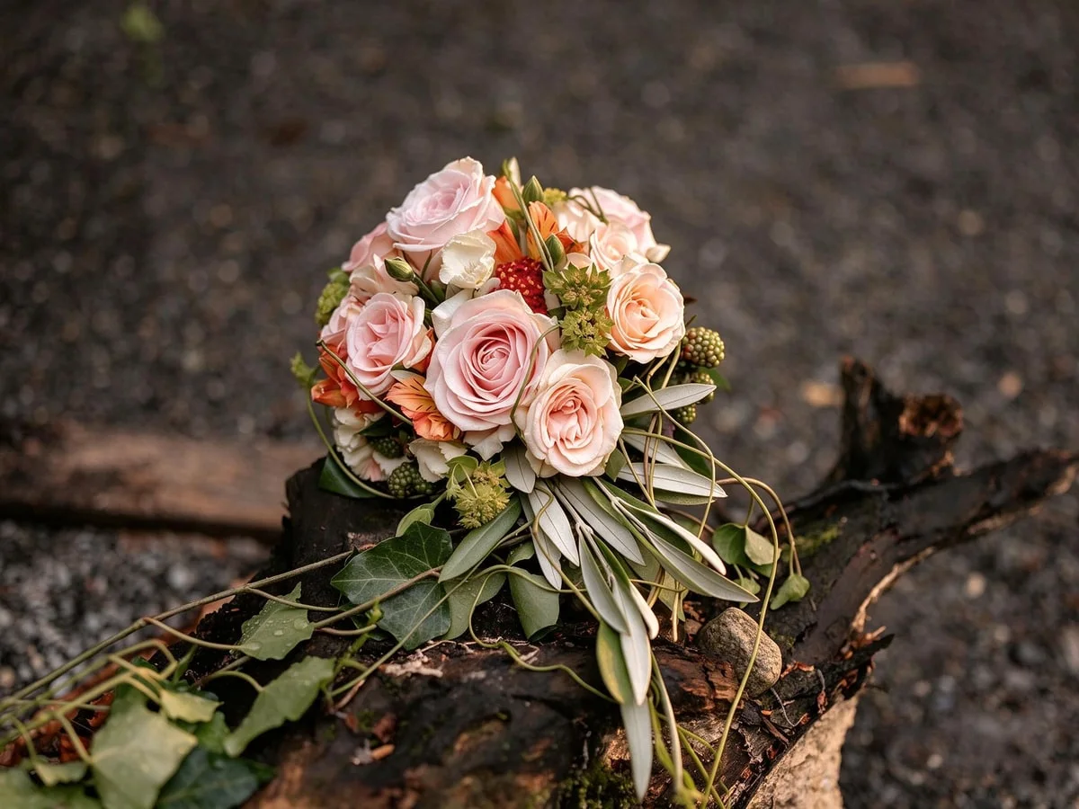 Handgebundener Brautstrauss mit Rosen und feinen Naturzweigen auf rustikalem Holz.