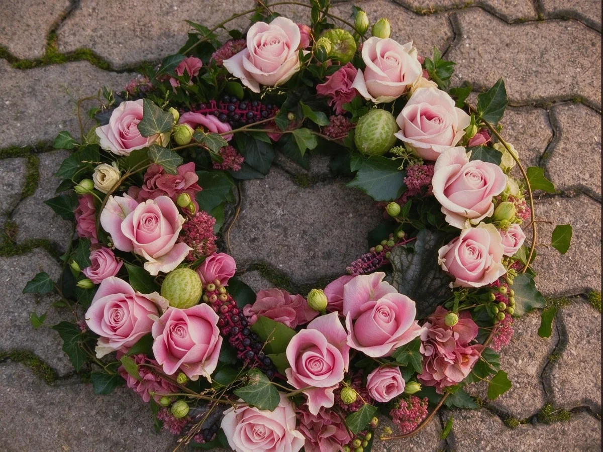 Kreisförmiger Kranz mit rosa Rosen und eingewobenem Efeu.