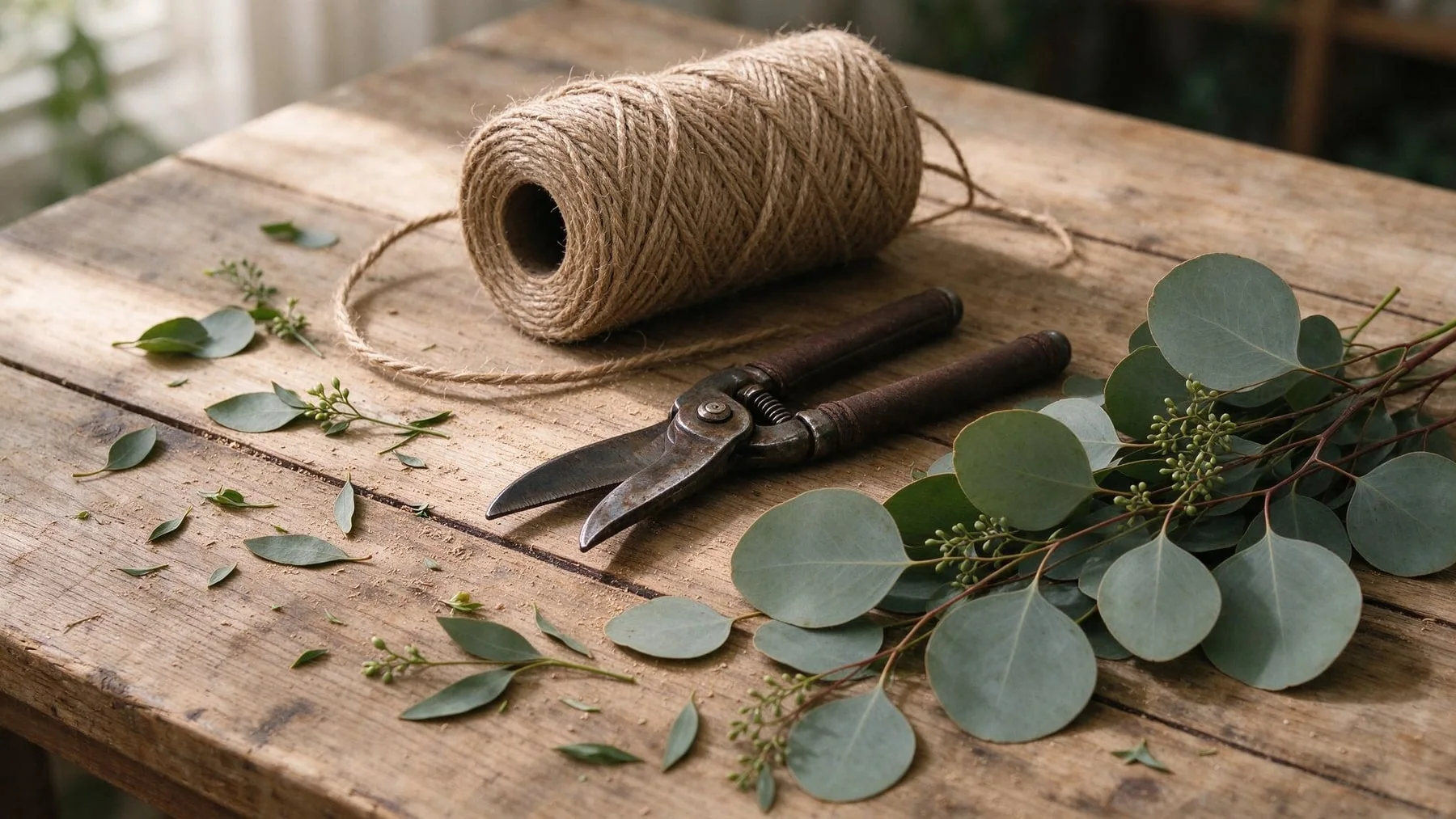 Floristenwerkzeug, Juteschnur und botanische Zweige auf einem Werkstatttisch aus Holz.